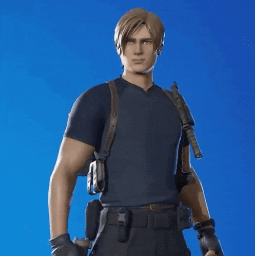 a man in a black shirt and black pants is standing in front of a blue background holding a gun .