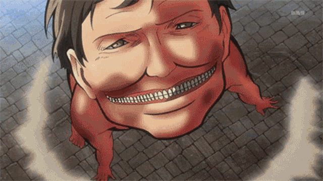a cartoon of a man with a big smile on his face standing on a brick floor .