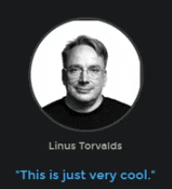 a black and white photo of linus torvalds with a quote that says this is just very cool