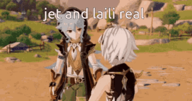 two anime characters are standing next to each other in a field with the words `` jet and laili real '' written above them .