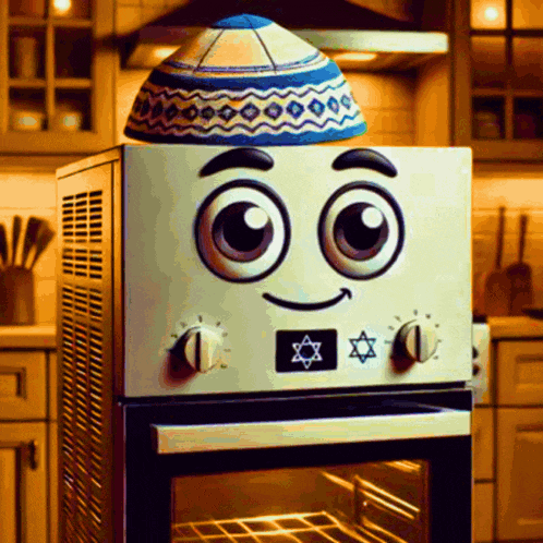 an oven with a face and a hat on top