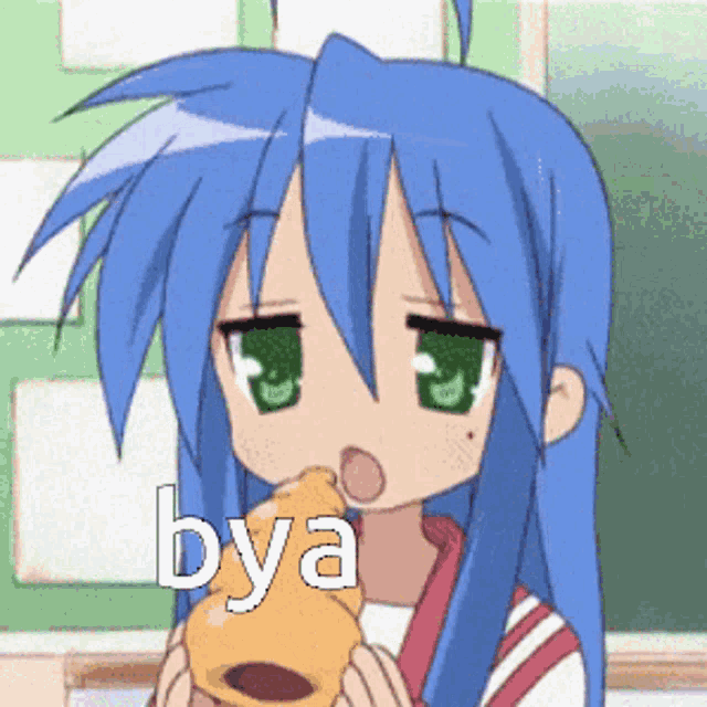 a cartoon girl with blue hair and green eyes is holding a piece of food with the word bya written on it