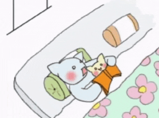 a cartoon drawing of a cat sleeping on a bed with flowers on it