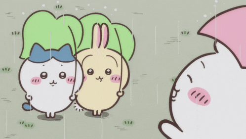 a cartoon drawing of a rabbit and a cat with a cookie in the foreground