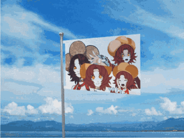 a flag with a picture of three girls on it is flying in the wind