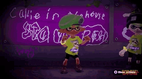 a cartoon character is standing in front of a purple sign that says callie in the house