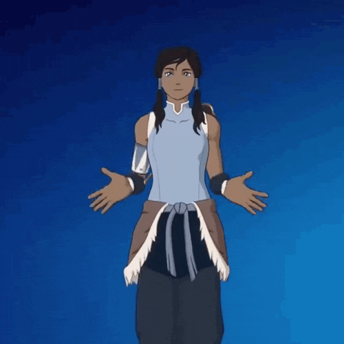 a cartoon character with her arms outstretched and a blue background