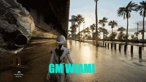 a person walking down a street with the words gm miami written on the bottom