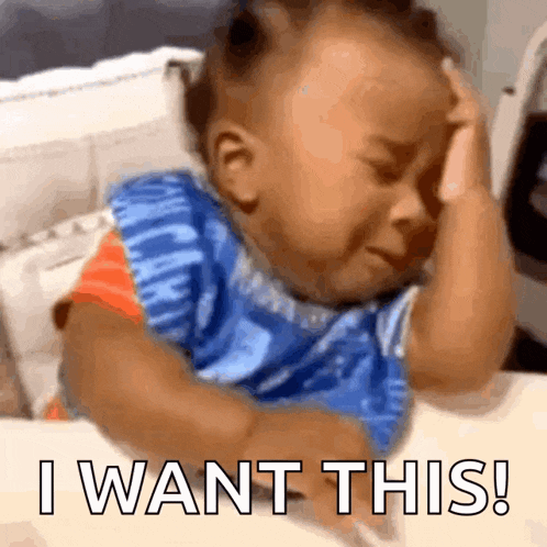 a baby crying with the words " i want this " written below him