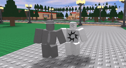 two roblox characters standing next to each other on a sidewalk