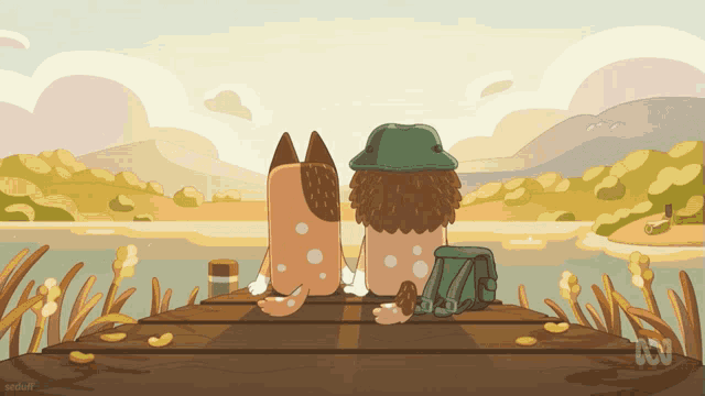 a cartoon drawing of two animals sitting on a dock with a backpack