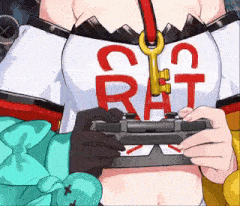 a woman in a rat shirt is holding a video game controller