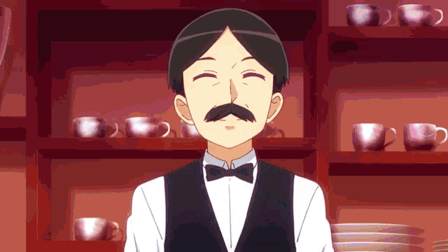a man with a mustache is smiling in front of a shelf of coffee cups