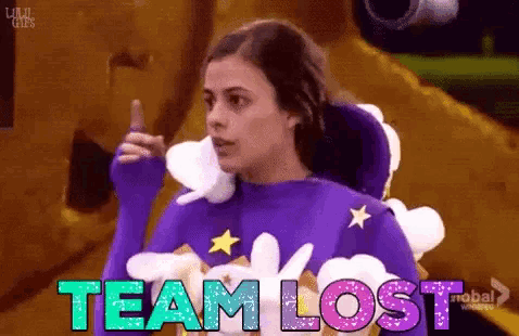 a woman in a purple costume with the word team lost written on it