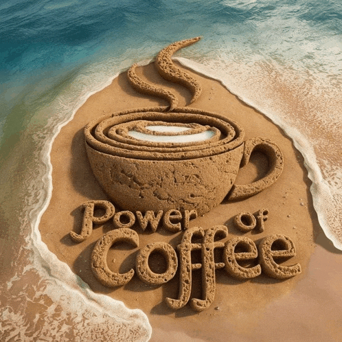 a cup of coffee made out of sand with the words power of coffee