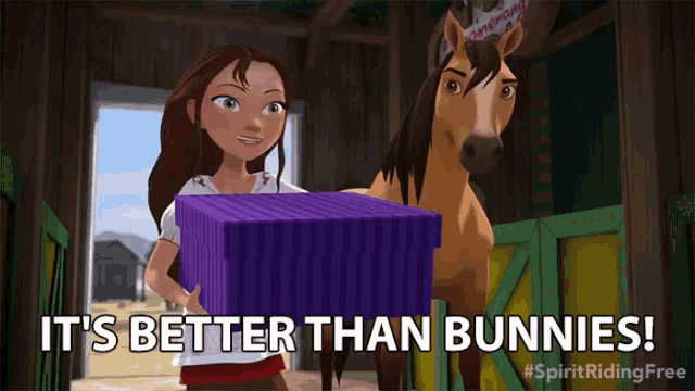 a cartoon of a girl holding a box next to a horse with the words it 's better than bunnies