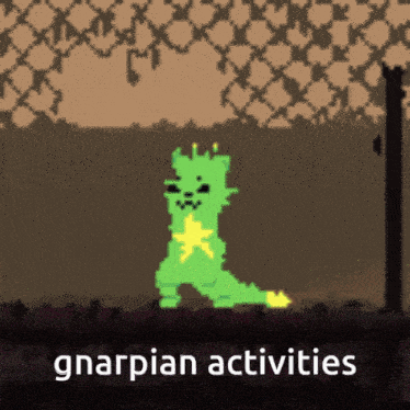 a pixel art of a green cat with the words gnarpian activities written below it