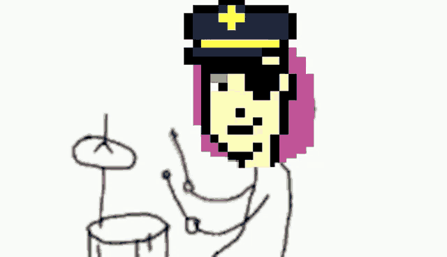 a pixel art drawing of a man playing drums with the word " ba " in the corner