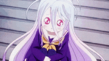 a girl with white hair and big red eyes is wearing a purple school uniform