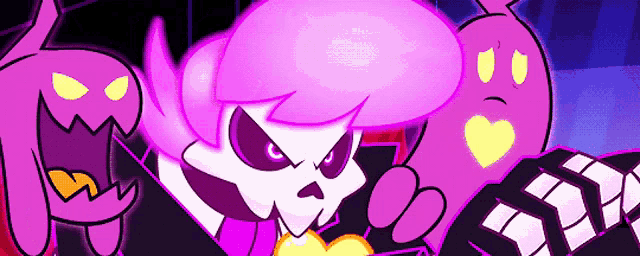 a cartoon of a skeleton with purple hair and a purple ghost with a heart on its face .