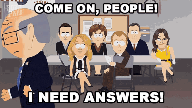a cartoon of a group of people sitting at tables with the caption " come on people i need answers "