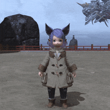 a little girl with purple hair is wearing a coat with pockets