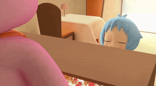 a cartoon of a girl with blue hair sitting at a table with her eyes closed