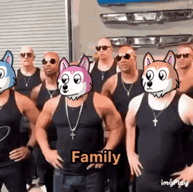 a group of men with cartoon animals on their faces and the word family on the bottom right