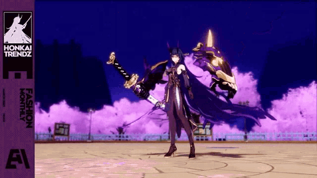 a video game character is holding a sword in front of a purple background that says honkai trendz on it