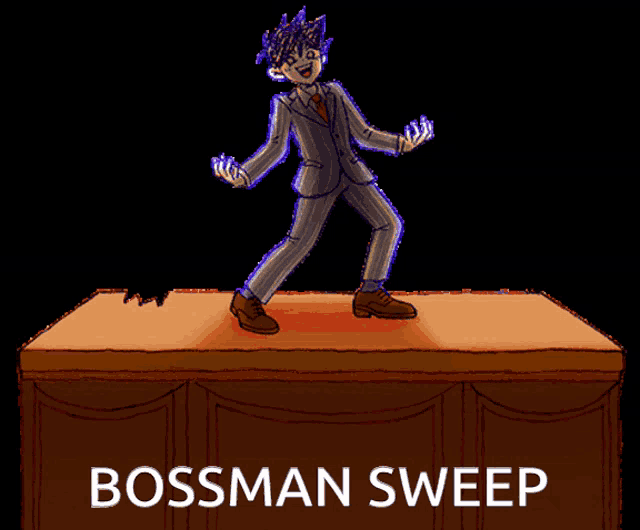 a cartoon of a man in a suit dancing on a stage with the words bossman sweep below him