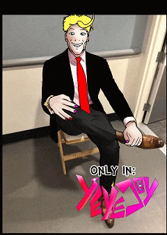 a cartoon of a man in a suit and tie sitting on a chair with the words " only in " written below him