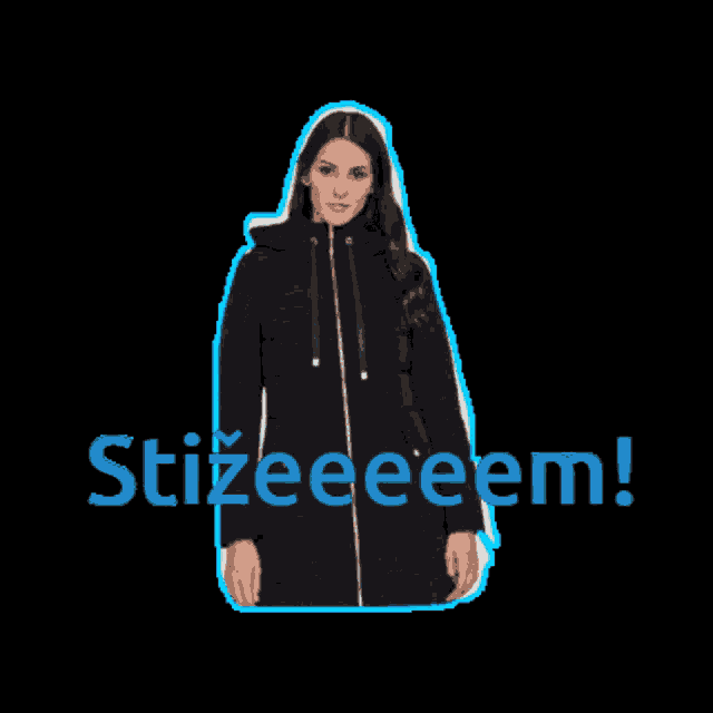 a woman wearing a black coat with the words stizeeeem written on it