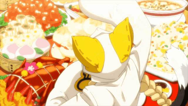 a cartoon character with yellow ears is standing in front of a table of food