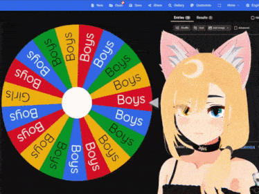 a girl with cat ears is standing in front of a spinning wheel that says boys on it