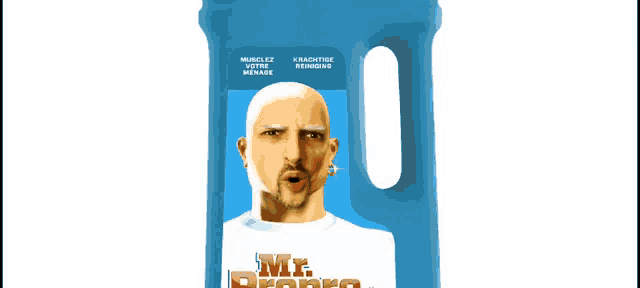 a blue bottle of mr. pronto laundry detergent with a bald man on the label