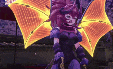a purple and orange anime character with a sword
