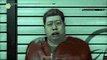 a man in a red jacket is in a video game with actions unleashed on the screen