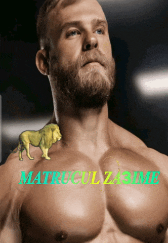 a muscular man with a lion on his chest and the words matricul zasime on the bottom