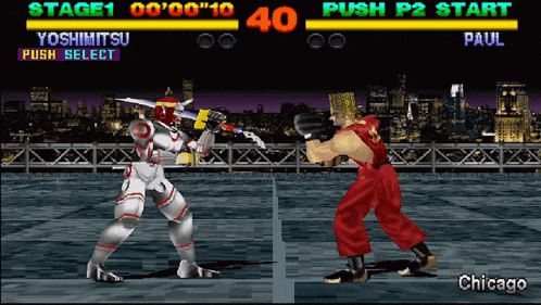 a video game screen shows a robot and a man fighting each other and says chicago on the bottom