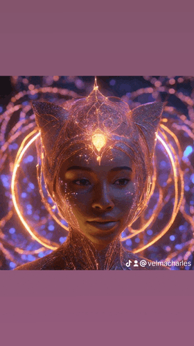 a woman with a crown on her head is surrounded by glowing lights