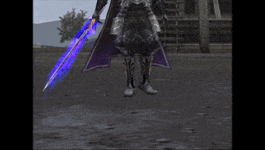 a video game character is holding a sword with a blue light coming out of it