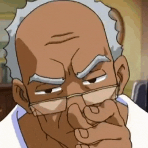 a bald man wearing glasses and a white shirt is making a face .