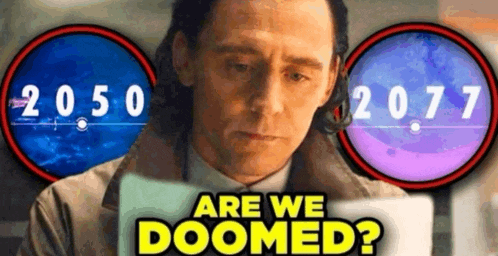 a man is sitting in front of a laptop computer and looking at two circles with the words `` are we doomed ? ''
