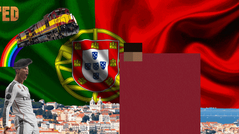 a soccer player stands in front of a portuguese flag with a train in the background