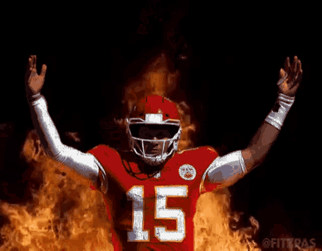 a football player wearing a red jersey with the number 15 on it