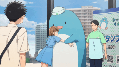 a girl is hugging a penguin mascot in front of a sign that says qr code on it