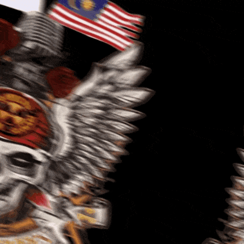 a blurry picture of a skull with wings and a flag
