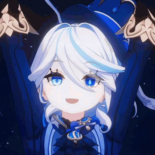 a girl with white hair and blue eyes is wearing a blue and white outfit