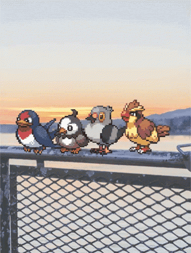 a pixel art of birds standing on a railing