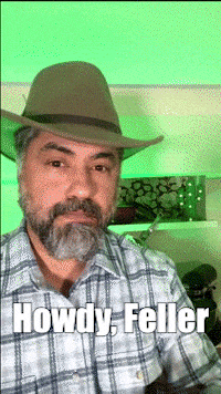 a man with a beard wearing a cowboy hat and a plaid shirt says howdy feller